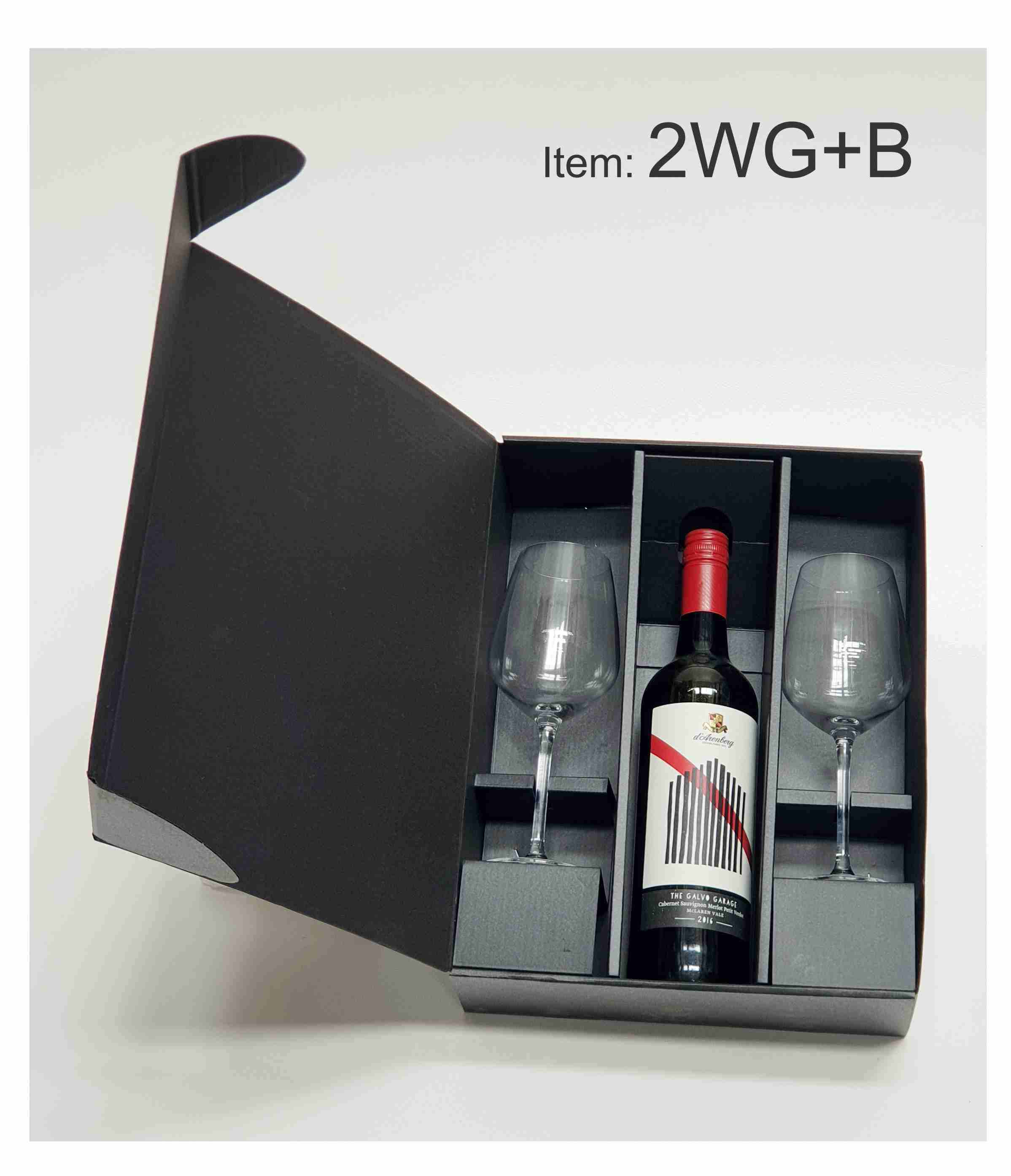 2WG+B-wine-bottle-and-two-2-glasses-black-gift-box-abc2000-winebox-melbourne two wine glasses with bottle black gift box
