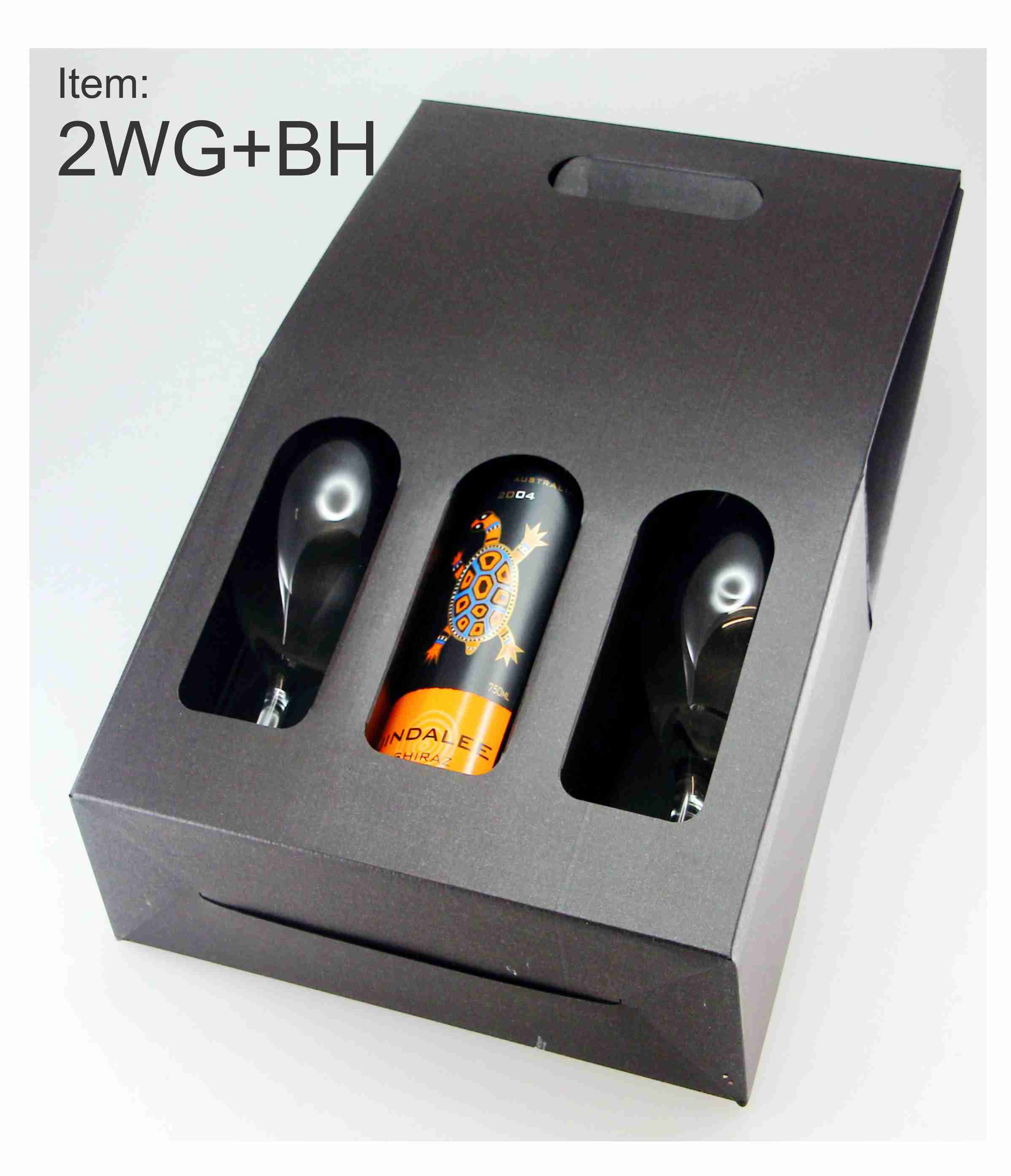 2WG+BH-wine-bottle-and-two-2-glasses-black-gift-window-carrier-box-abc2000-winebox-melbourne two wine glasses with bottle carrier black gift box