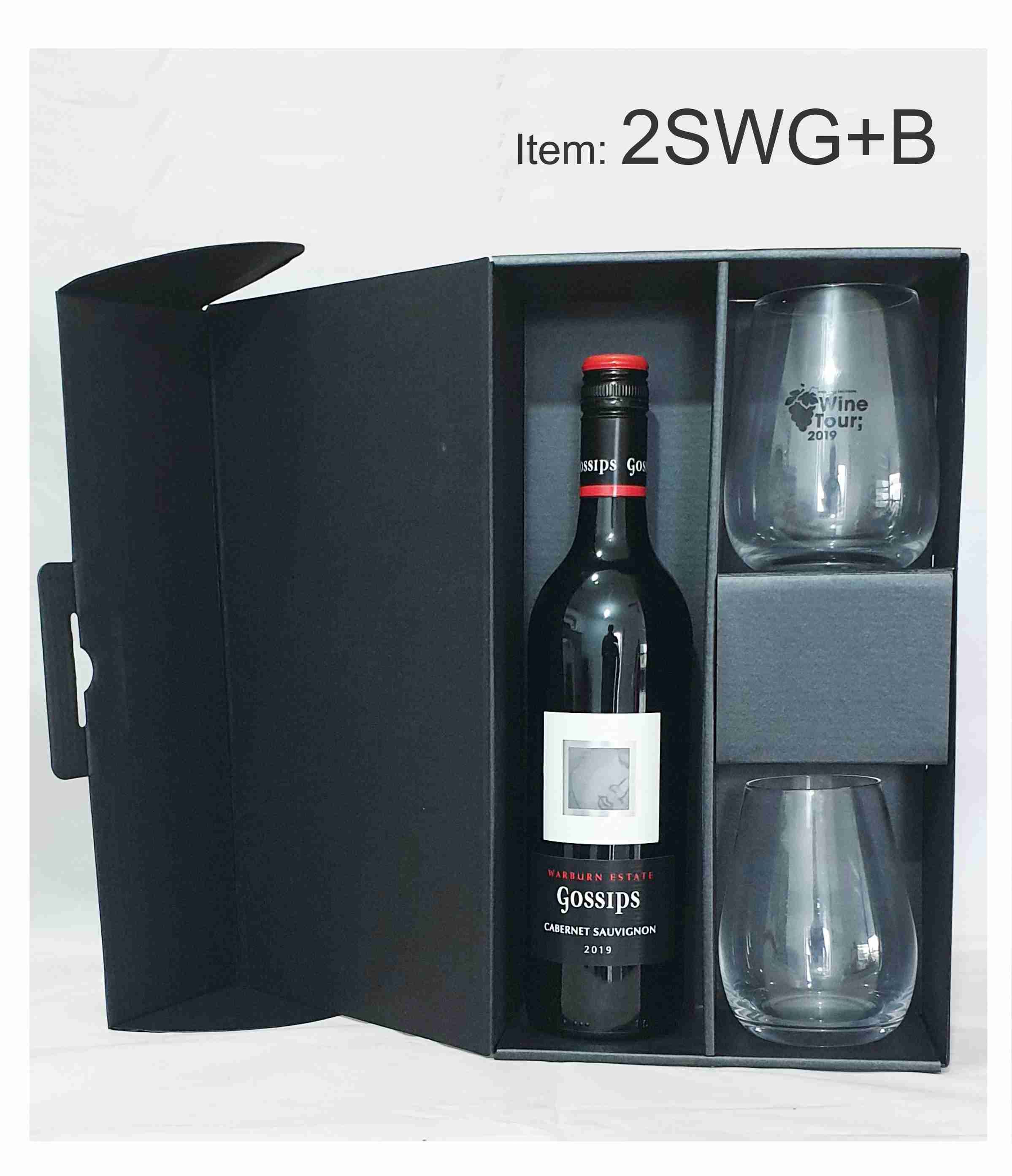 2SWG+B-wine-bottle-and-two-2-stemless-glasses-black-gift-box-abc2000-winebox-melbourne two stemless wine glasses with bottle black gift box