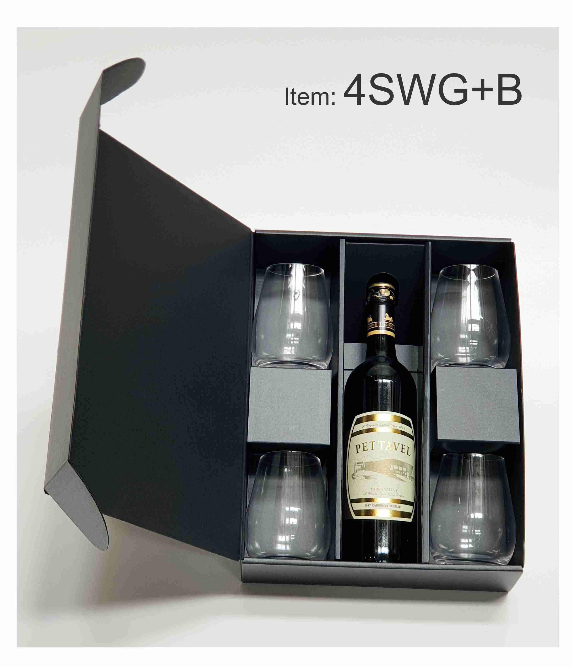 4SWG+B-wine-bottle-and-four-4-stemless-glasses-black-gift-box-abc2000-winebox-melbournes four stemless wine glasses with bottle black gift box