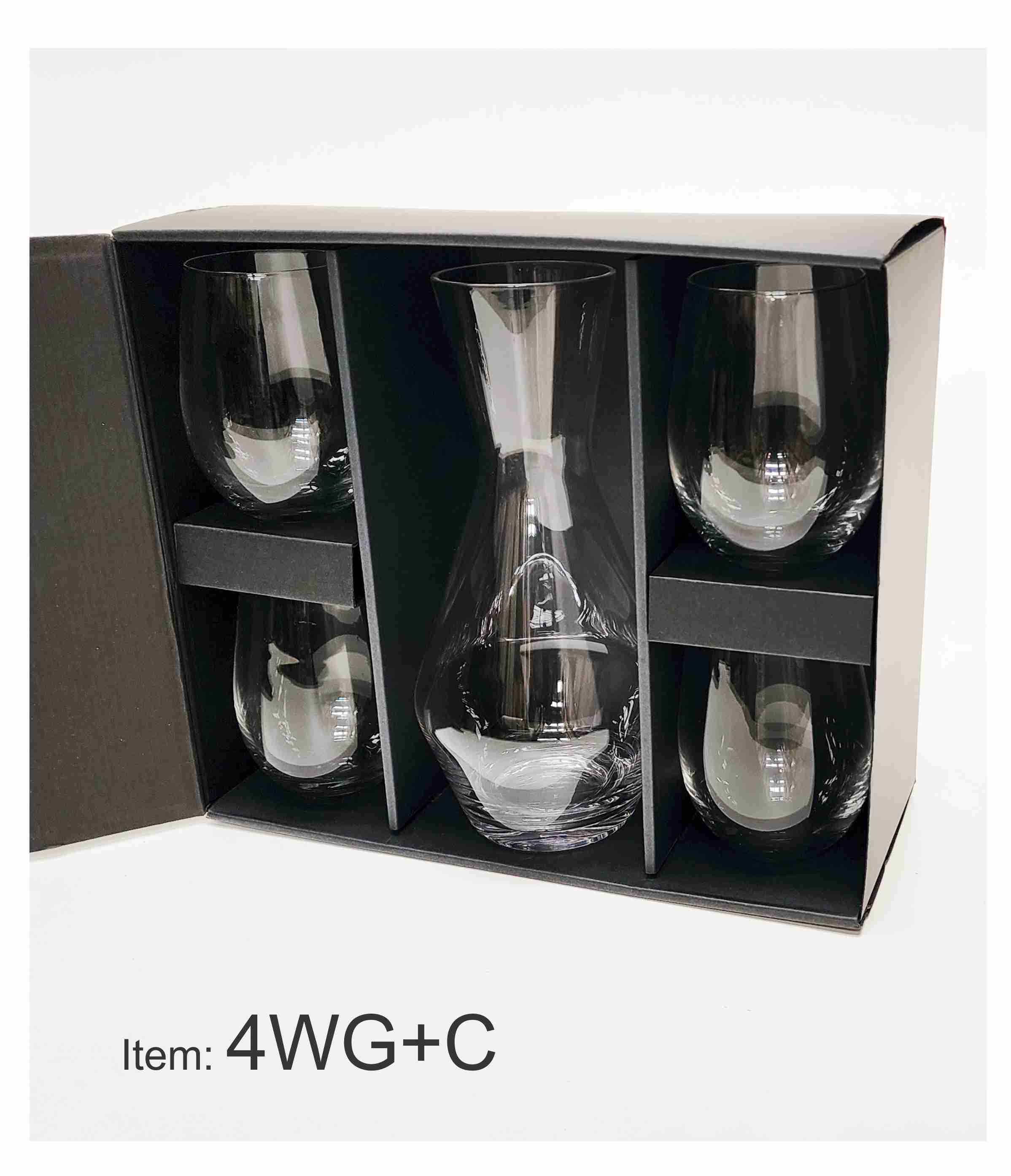 4WG+C-wine-carafe-decanter-and-four-4-stemless-glasses-black-presentation-gift-box-abc2000-winebox-melbournes four stemless wine glasses with carafe black gift box